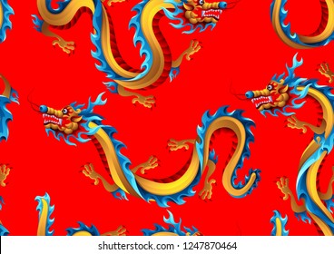 Seamless pattern with Chinese dragons. Traditional China symbol. Asian mythological color animals.