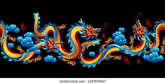 Seamless pattern with Chinese dragons. Traditional China symbol. Asian mythological color animals.