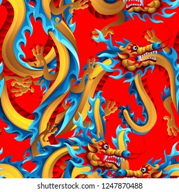 Seamless pattern with Chinese dragons. Traditional China symbol. Asian mythological color animals.