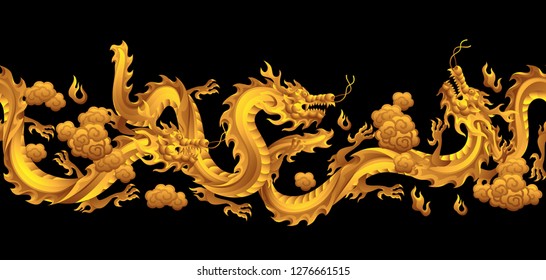 Seamless pattern with Chinese dragons. Traditional China symbol. Asian mythological golden animals.