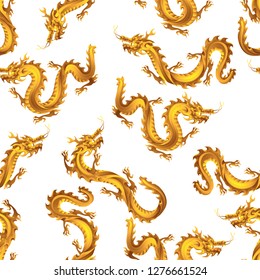 Seamless pattern with Chinese dragons. Traditional China symbol. Asian mythological golden animals.