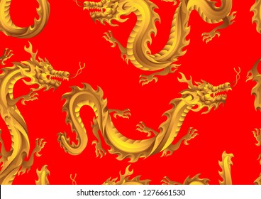 Seamless pattern with Chinese dragons. Traditional China symbol. Asian mythological golden animals.