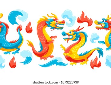 Seamless pattern with Chinese dragons. Traditional China symbol. Asian mythological animals.