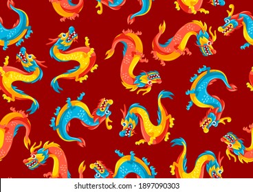 Seamless pattern with Chinese dragons. Traditional China symbol. Asian mythological animals.
