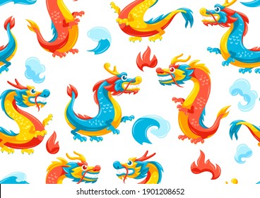 Seamless pattern with Chinese dragons. Traditional China symbol. Asian mythological animals.