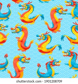 Seamless Pattern With Chinese Dragons. Traditional China Symbol. Asian Mythological Animals.