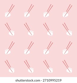 Padrão contínuo Bolinho chinês e pauzinhos no fundo rosa