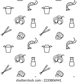 Seamless pattern Chinese eat. Shrimp, noodles, wok box, chopsticks, soy sauce, fish. Asian food. Vector illustration for cover, menu, postcards, print, merchandise, banner, website, print, pattern