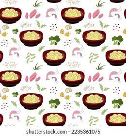 Seamless pattern Chinese eat. Shrimp, fish, noodles, lemon, greens. Asian food. Vector illustration.
