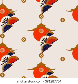 Seamless pattern with chinese fans and chinese lanterns.