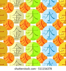 seamless pattern Chinese of the five basic elements of the universe with hieroglyphs. vector illustration