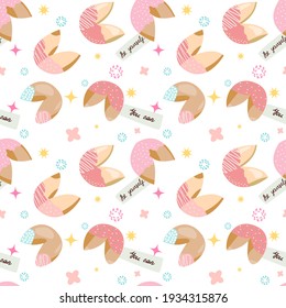 Seamless pattern Chinese Fortune Cookies. Asian Baked goods for good luck. Vector cartoon flat illustration isolated on white background