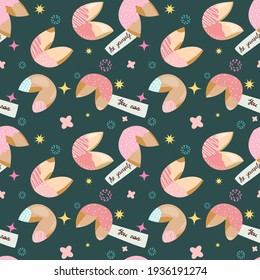 Seamless pattern Chinese Fortune Cookies. Asian Baked goods for good luck. Vector cartoon flat illustration isolated on white background