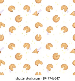 Seamless pattern with Chinese fortune cookies. Set of bakery elements. Cute print of delicious sweets and pastries for bakery, holiday and new year. Vector flat illustration on white background 