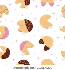 Seamless pattern with Chinese fortune cookies. Sweets with chocolate and strawberry icing. Fortune cookies with blank paper template. Vector illustration.