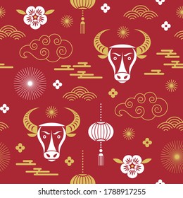 Seamless pattern. Chinese Happy new year. Year of the bull.