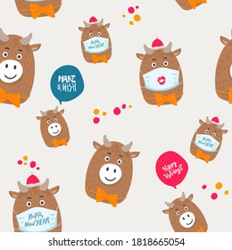 Seamless pattern. Chinese Happy new year. Year of the bull, cute character with medical mask on white background. vector illustration. Textured background for poster, card textile, wallpaper template