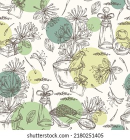 Seamless pattern with chinese honeysuckle: plant, leaves and chinese honeysuckle flowers. Lonicera pileata. Cosmetic, perfumery and medical plant. Vector hand drawn illustration