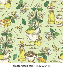 Seamless pattern with chinese honeysuckle: plant, leaves and chinese honeysuckle flowers. Lonicera pileata. Cosmetic, perfumery and medical plant. Vector hand drawn illustration
