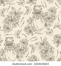 Seamless pattern with chinese honeysuckle: plant, leaves, chinese honeysuckle flowers and bottle of chinese honeysuckle essential oil. Lonicera pileata. Cosmetic, perfumery and medical plant