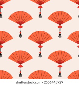 Seamless pattern with chinese or japanese paper fans. Vector flat background in asian style. Traditional oriental accessory