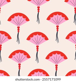 Seamless pattern with chinese or japanese paper fans. Vector flat background in asian style. Traditional oriental accessory