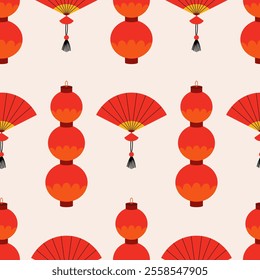 Seamless pattern with chinese or japanese paper fans and lanterns. Vector flat background in asian style. Traditional oriental accessory and decor