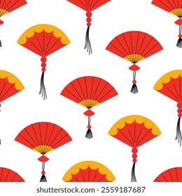 Seamless pattern with chinese or japanese paper fans. Vector flat background in asian style. Traditional oriental accessory