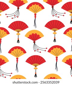 Seamless pattern with chinese or japanese paper fans. Vector flat background in asian style. Traditional oriental accessory