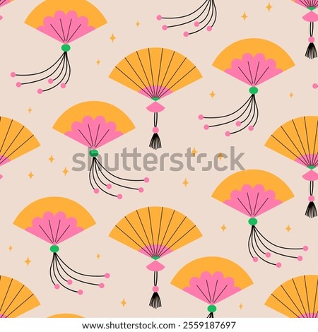 Seamless pattern with chinese or japanese paper fans. Vector flat background in asian style. Traditional oriental accessory