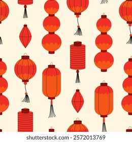 Seamless pattern with chinese or japanese various paper lanterns. Vector flat background in asian style. Traditional oriental decor