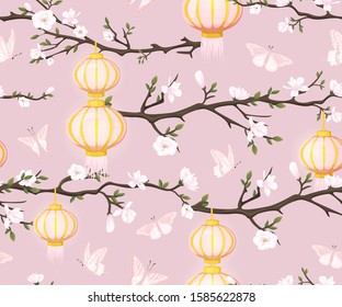 Seamless pattern with chinese lanterns, blooming magnolia and butterflies
