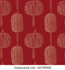 Seamless pattern with Chinese lanterns. Hand drawn doodle vector illustration.