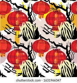 Seamless pattern with chinese lanterns. Paper holiday lanterns. Red lights, China. Abstract background.
