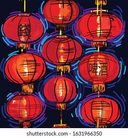 Seamless pattern with chinese lanterns. Paper holiday lanterns. Red lights, China. Abstract background.