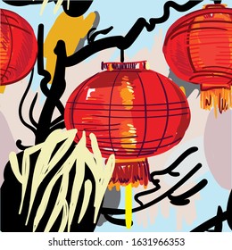 Seamless pattern with chinese lanterns. Paper holiday lanterns. Red lights, China. Abstract background.