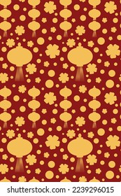 Seamless pattern with Chinese lanterns, sakura and dots. Vector illustration. Style design for banners, books, brochures, templates for notebook, fabric, clothing, papers.