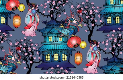 Seamless pattern with Chinese motifs. Dragons, fairies, palaces, flowering trees.