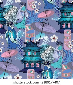 Seamless pattern with Chinese motifs. Dragons, fairies, palaces, flowering trees.