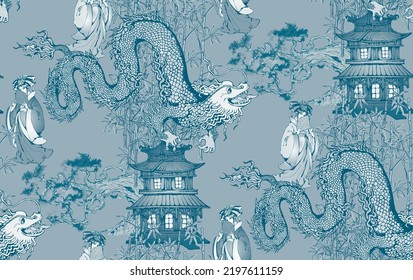 Seamless pattern with Chinese motifs. Dragons, fairies, palaces, fancy pines. In style Toile de Jou.