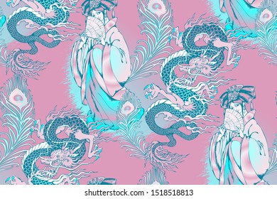 Seamless pattern with chinese motifs - fairies and dragons. Vector illustration. Suitable for fabric, wrapping paper and the like