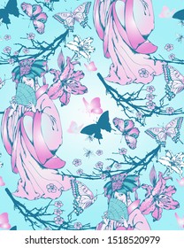 Seamless pattern with chinese motifs - unicorns, fairies and flowers. Vector illustration