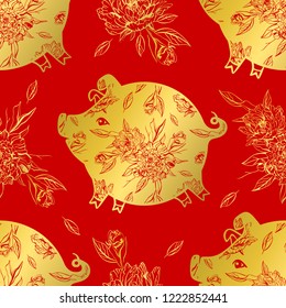 Seamless pattern with Chinese New Year 2019 Zodiac Year of the pig sign with red and gold asian elements.