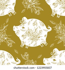 Seamless pattern with Chinese New Year 2019 Zodiac Year of the pig sign on golden background.