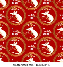 Seamless pattern with Chinese New Year 2020 Zodiac Year of the Rat sign with red and gold asian elements.