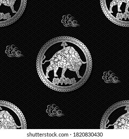 Seamless pattern with Chinese New Year 2021 Zodiac Year of the ox sign with silveron black asian elements. (Chinese translation : Happy new year, ox)