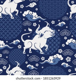 Seamless pattern with Chinese New Year 2021 Zodiac Year of the ox sign with asian elements.