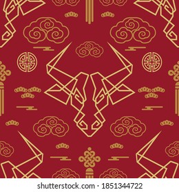 Seamless pattern with Chinese New Year 2021 Zodiac Year of the ox sign with asian elements.