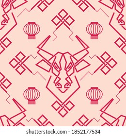 Seamless pattern with Chinese New Year 2021 Zodiac Year of the ox sign with asian elements.