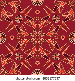 Seamless pattern with Chinese New Year 2021 Zodiac Year of the ox sign with asian elements.